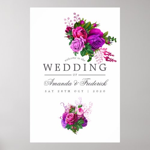 Vintage Fuchsia and Purple Floral Wedding Welcome Poster