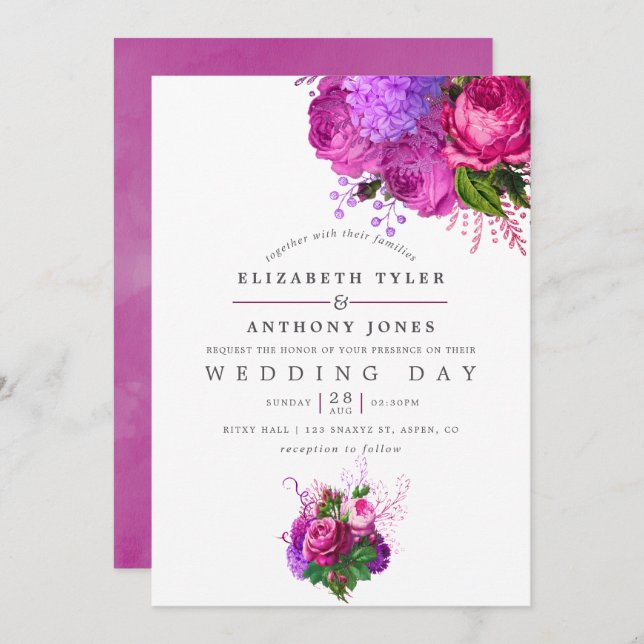 Vintage Fuchsia and Purple Shabby Floral Wedding Invitation (Front/Back)