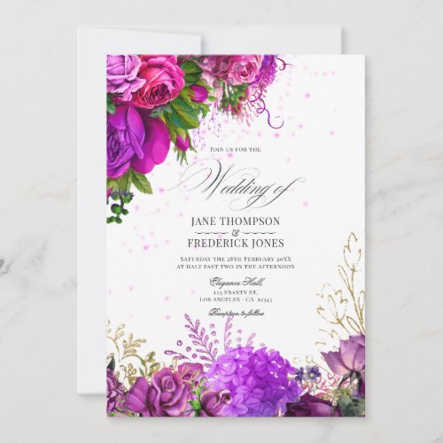 Vintage Fuchsia and Purple Shabby Floral Wedding Invitation