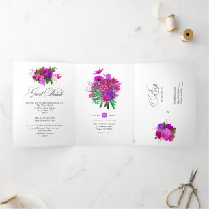 Vintage Fuchsia and Purple Shabby Floral Wedding Tri-Fold Invitation