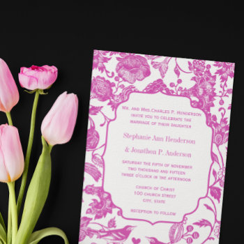 Vintage Fuchsia Pink Floral Pattern Bird Wedding Invitation by samack at Zazzle