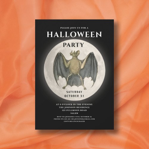 Vintage Full Moon Bat Halloween Party  Invitation