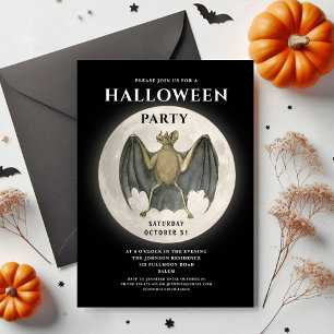 Vintage Full Moon Bat Halloween Party Invitation