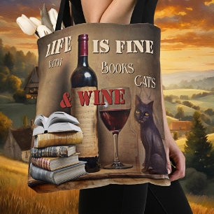 Vintage Fun Books Cats Wine Tote Bag
