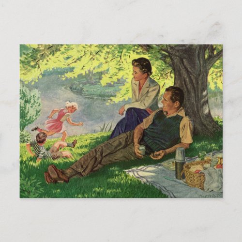 Vintage Fun Family Picnic Under a Shade Tree Postcard