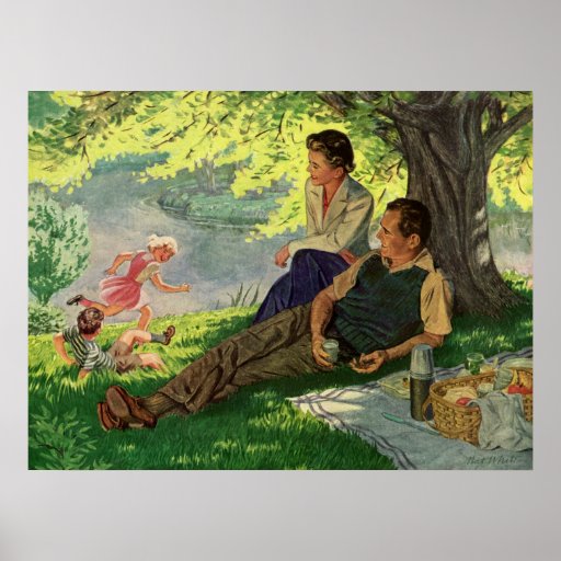Vintage Fun Family Picnic Under a Shade Tree Poster | Zazzle