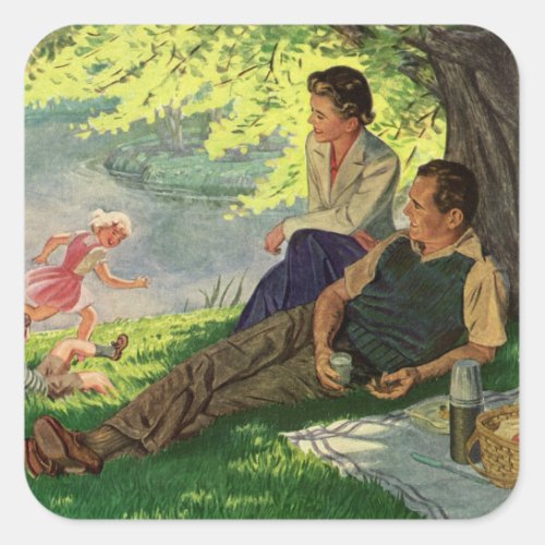 Vintage Fun Family Picnic Under a Shade Tree Square Sticker