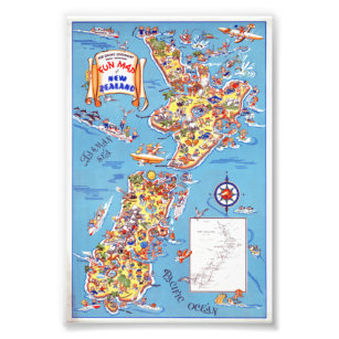 Vintage Fun Map of New Zealand Poster