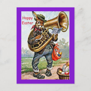 Vintage Fun Old Easter Bunny & French Horn Beauty Postcard