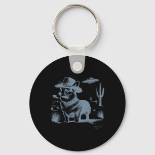 Vintage Funny 90s Western Cowboy Corgi Ufo Keychain