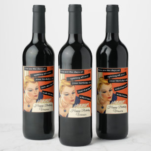Vintage Funny Birthday Woman Blowing Out Candles  Wine Label