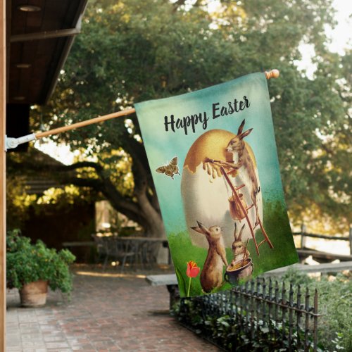 Vintage Funny Bunny And Easter Egg House Flag