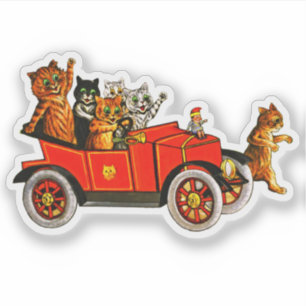 Vintage Funny Cartoon Cats Kittens in Classic Car  Sticker