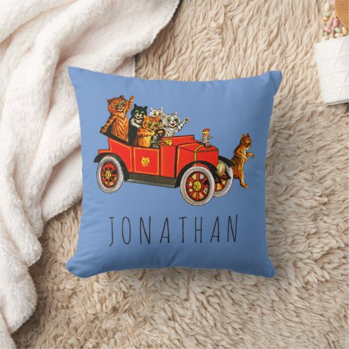 Vintage Funny Cartoon Cats Kittens in Retro Car  Throw Pillow