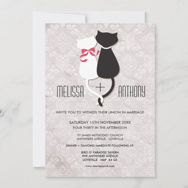 Vintage Funny Cat Couple Damask Wedding Invite (Front)