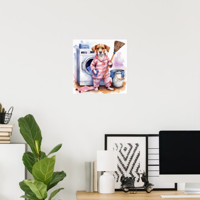 Vintage Funny Cat in Pajamas Doing Laundry  Poster (Home Office)