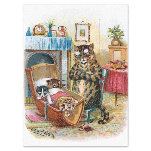 Vintage Funny Cat  Kittens In Cradle Decoupage Tissue Paper
