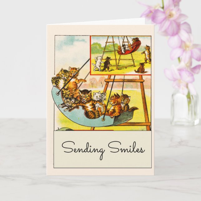 Vintage Funny Cats on Swing Sending Smiles   Card (Orchid)