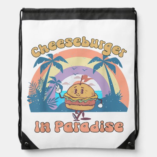 Vintage Funny Cheeseburger In Paradise Summer Vaca Drawstring Bag