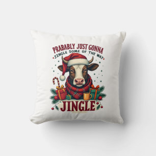 Vintage Funny Christmas Highland Cow Jingle Bell C Throw Pillow