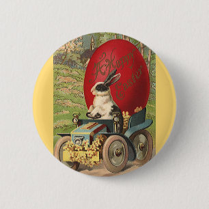 Vintage Funny Easter, Bunny Rabbit Egg Automobile Pinback Button