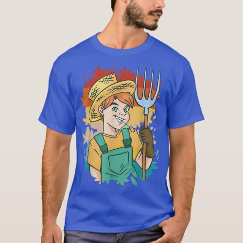 Vintage funny farmer boy wearing overalls farm fa T_Shirt