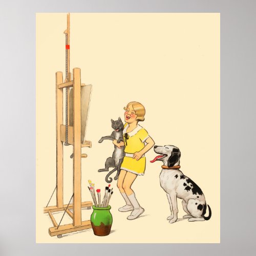 Vintage Funny Girl Dog Cat Print Georges Redon