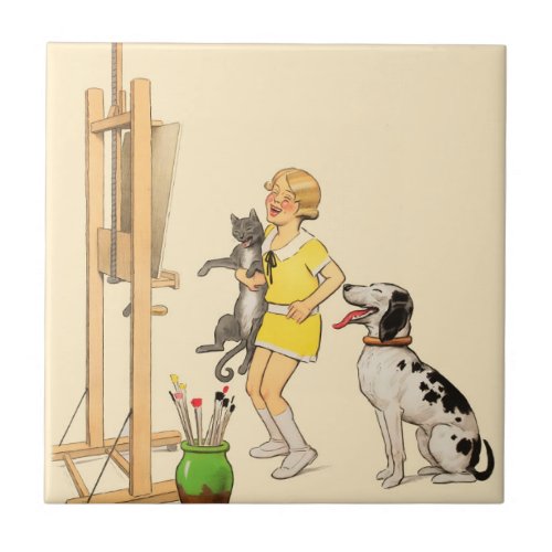 Vintage Funny Girl Dog Cat Print Georges Redon Ceramic Tile