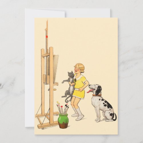 Vintage Funny Girl Dog Cat Print Georges Redon Invitation