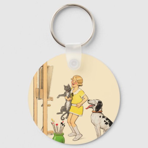 Vintage Funny Girl Dog Cat Print Georges Redon Keychain