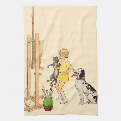 Vintage Funny Girl Dog Cat Print Georges Redon Kitchen Towel
