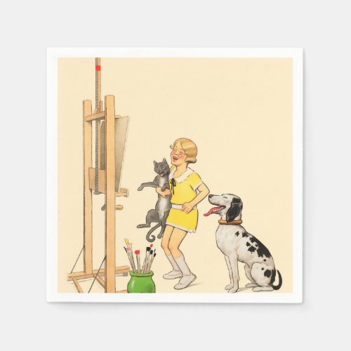 Vintage Funny Girl Dog Cat Print Georges Redon Napkins