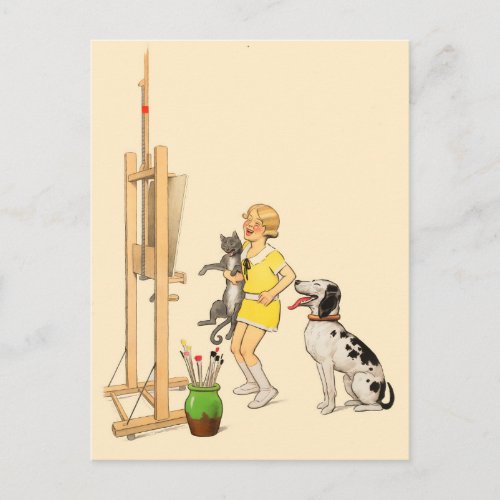 Vintage Funny Girl Dog Cat Print Georges Redon Postcard