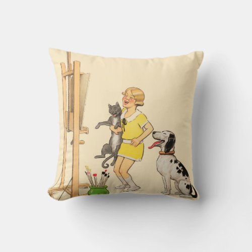 Vintage Funny Girl Dog Cat Print Georges Redon Throw Pillow