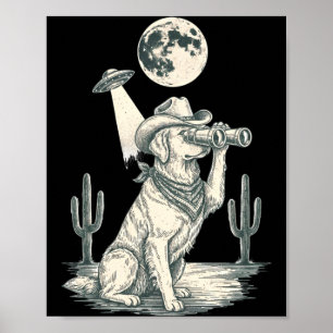 Vintage funny golden retriever ufo western cowboy poster