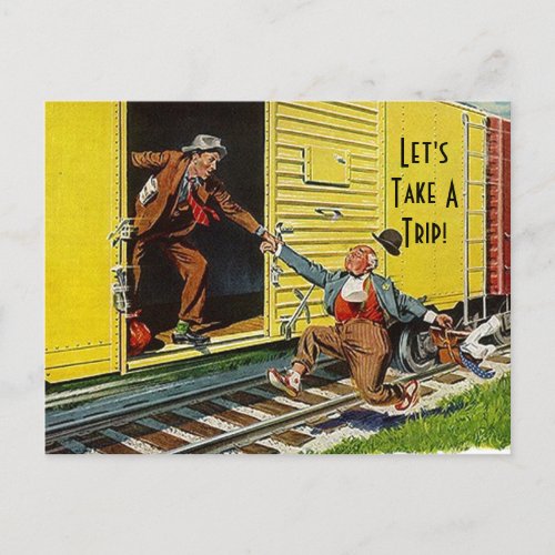 Vintage Funny Hitching Ride Lets take a trip train Holiday Postcard