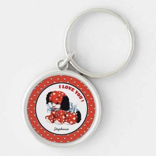 Vintage Funny Puppy Custom Name Valentines Day Keychain