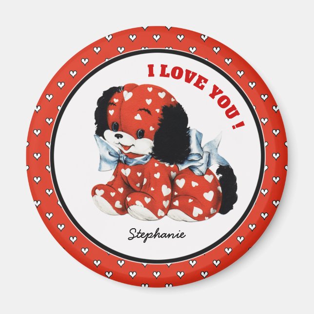 Vintage Funny Puppy Custom Name Valentine's Day Magnet (Front)