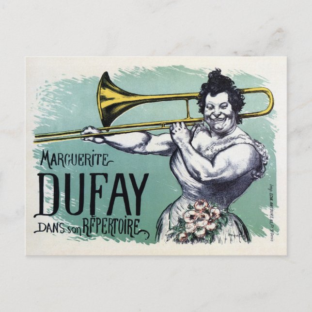 Vintage funny strong woman playing the trombone postcard (Front)