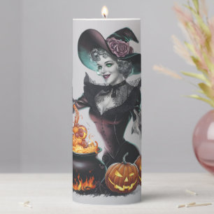 Vintage Funny Witch Cauldron Blessed Halloween Pillar Candle