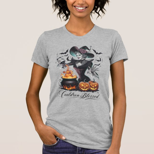 Vintage Funny Witch Cauldron Blessed Halloween T-Shirt (Front)