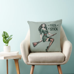 Vintage Funny Witch I Can Drive a Stick Halloween Throw Pillow