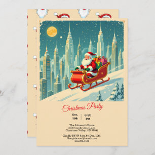 Vintage & Futuristic City Santa Sleigh Christmas Invitation