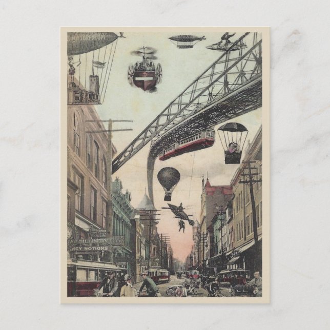 Vintage Futuristic City Street Flying Vehicles Postcard (Front)