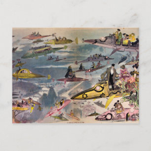 Vintage Futuristic Flying Machines Color Art Postcard