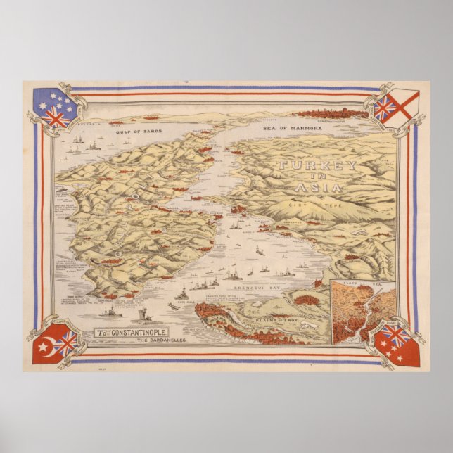 Vintage Gallipoli Campaign Map (1915) Dardanelles Poster (Front)