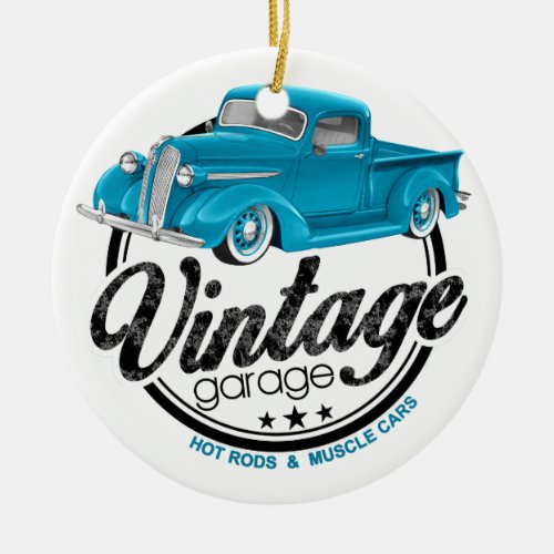 Vintage Garage Blue Truck Ceramic Ornament