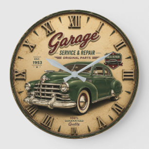 Vintage Garage Service & Repair Classic Green Car  Large Clock