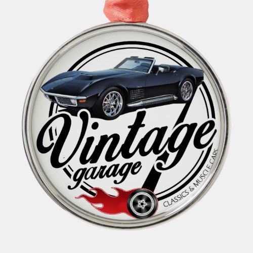 Vintage Garage with Black Corvette Metal Ornament