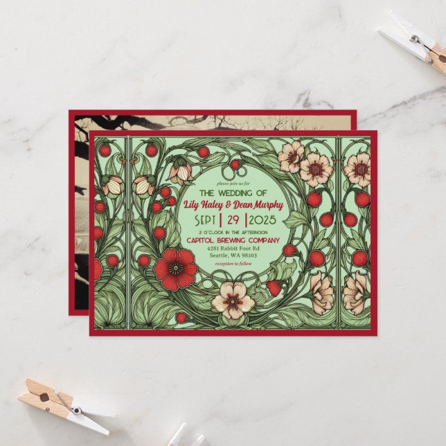 Vintage Garden Art Nouveau Wedding Invitation (Front/Back In Situ)